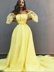 Elegant Off-the-shoulder Yellow A-line Bubble Sleeves Evening Gown Long Formal Dresses Prom Dresses,MB373