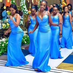 Elegant Blue V Neck Spaghetti Straps Mermaid Simple Long Cheap Bridesmaid Dresses ,BD91