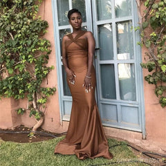 Elegant Brown Halter Sleeveless Mermaid Long Evening Prom Dresses,MB118