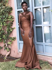 Elegant Brown Halter Sleeveless Mermaid Long Evening Prom Dresses,MB118
