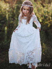 Cute White Tulle Lace A- Line Long Sleeve Appliques Cheap Flower Girl Dresses ,FG17