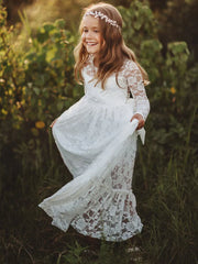Cute White Tulle Lace A- Line Long Sleeve Appliques Cheap Flower Girl Dresses ,FG17
