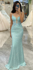Charming Sexy Mermaid Sparkle Mint Green Lace Appliques Spaghetti Straps Plunging Evening Gown Long Formal Dresses Prom Dresses,MB402
