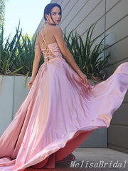Blush A-Line V-Neck Spaghetti Straps Lace Up Back Evening Gown Maxi Long Evening Party Prom Dresses ,MB605