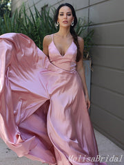Blush A-Line V-Neck Spaghetti Straps Lace Up Back Evening Gown Maxi Long Evening Party Prom Dresses ,MB605