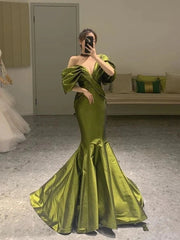 Elegant Bubble Pleats Green Off Shoulder Mermaid Evening Long Prom Dresses,MB62