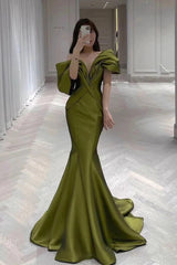 Elegant Bubble Pleats Green Off Shoulder Mermaid Evening Long Prom Dresses,MB62