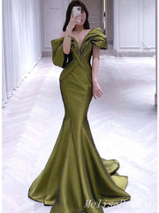 Elegant Bubble Pleats Green Off Shoulder Mermaid Evening Long Prom Dresses,MB62