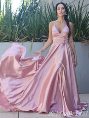 Blush A-Line V-Neck Spaghetti Straps Lace Up Back Evening Gown Maxi Long Evening Party Prom Dresses ,MB605
