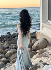 Elegant Light Blue Spaghetti Straps Mermaid Long Evening  Prom Dresses,MB05