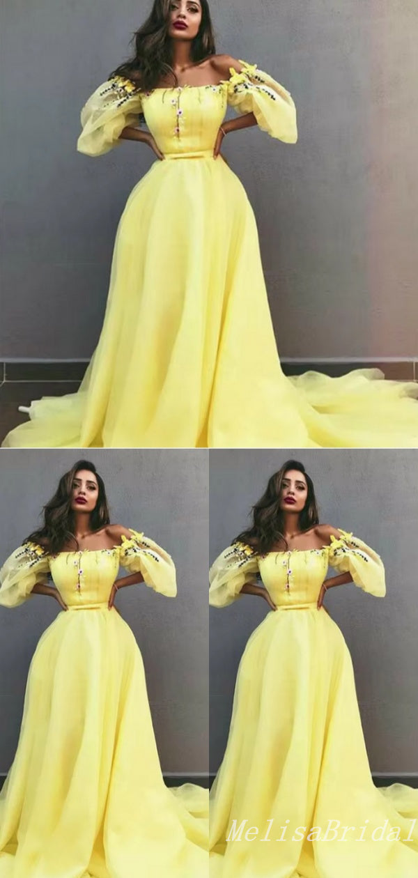 Elegant Off-the-shoulder Yellow A-line Bubble Sleeves Evening Gown Long Formal Dresses Prom Dresses,MB373