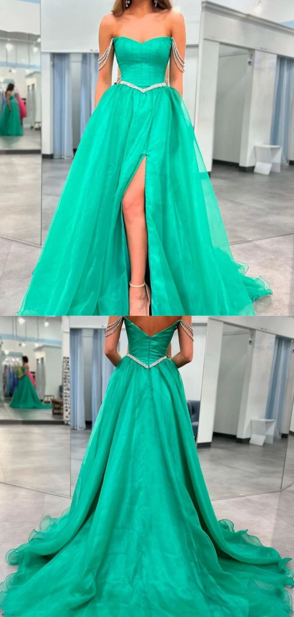 Elegant Off Shoulder Slit Beading Evening Gown Long Prom Dresses,MB219