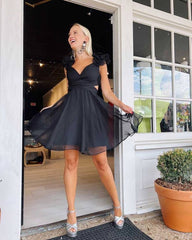 Elegant Black Chiffon Pleats Lace Up Back V Neck A-Line Cheap Simple Short Homecoming Dresses, HD73