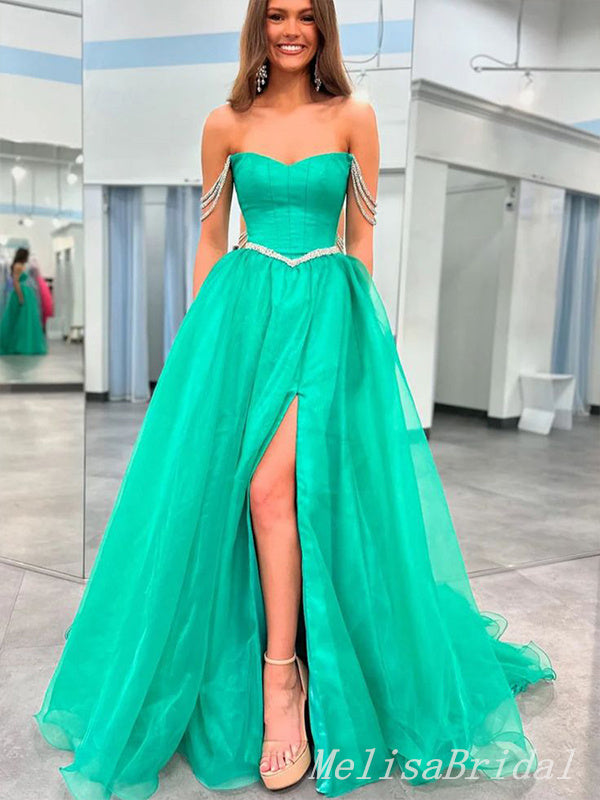 Elegant Off Shoulder Slit Beading Evening Gown Long Prom Dresses,MB219