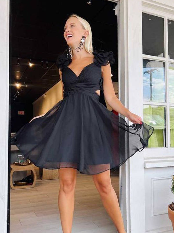 Elegant Black Chiffon Pleats Lace Up Back V Neck A-Line Cheap Simple Short Homecoming Dresses, HD73
