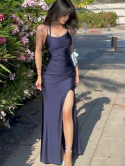 Elegant Black Spaghetti Straps Side Slit Mermaid Sleeveless Cheap Simple Evening Prom Dresses,MB154