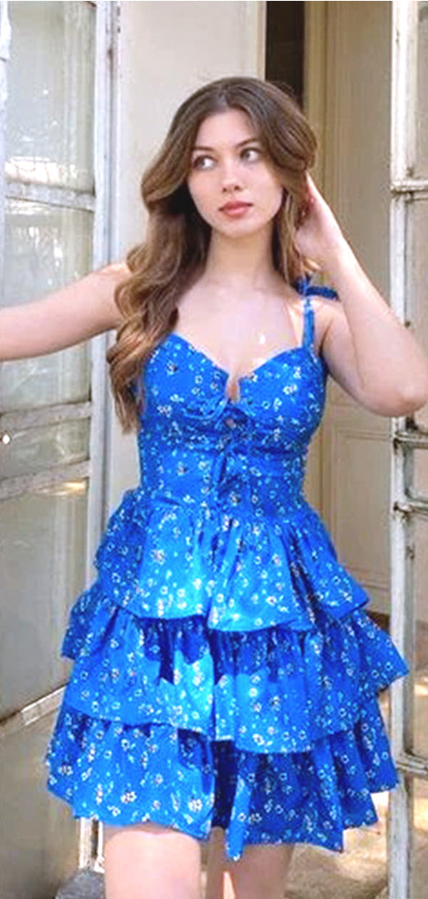 Elegant Blue Spaghetti Straps Ruffle Short Homecoming Dresses, HD21