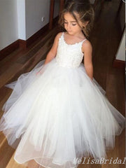 Cute Simple White Tulle Lace Appliques A-Line Cheap Long Flower Girl Dresses,FG57
