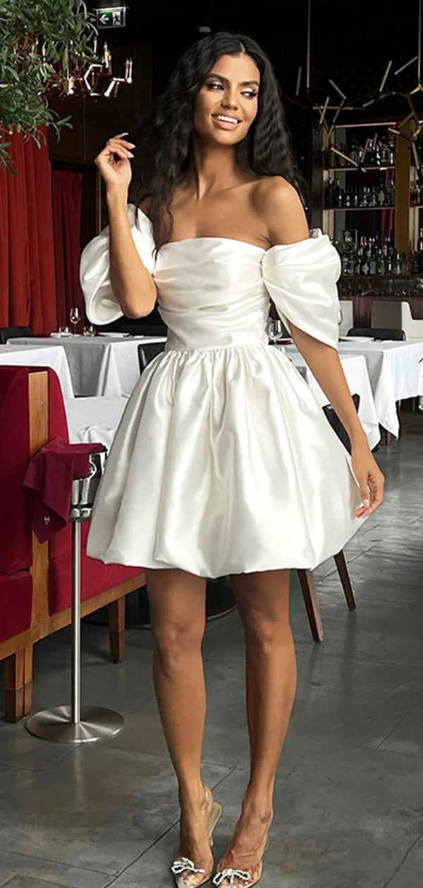 Elegant Off Shoulder Bubble A-Line Short Homecoming Dresses, HD56