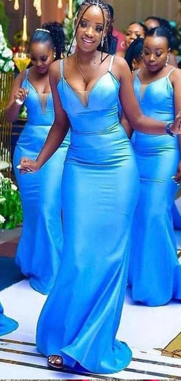 Elegant Blue V Neck Spaghetti Straps Mermaid Simple Long Cheap Bridesmaid Dresses ,BD91