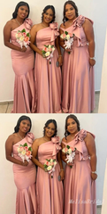 Blush One Shoulder 3D Flower A-line Long Bridesmaid Dresses,BD235