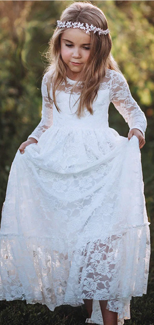 Cute White Tulle Lace  A- Line Long Sleeve Appliques Cheap Flower Girl Dresses ,FG17