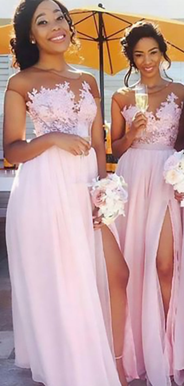 Elegant Pink Lace Appliques Chiffon Side Slit Simple Cheap A-Line Long Bridesmaid Dresses ,BD142