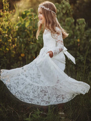 Cute White Tulle Lace  A- Line Long Sleeve Appliques Cheap Flower Girl Dresses ,FG17