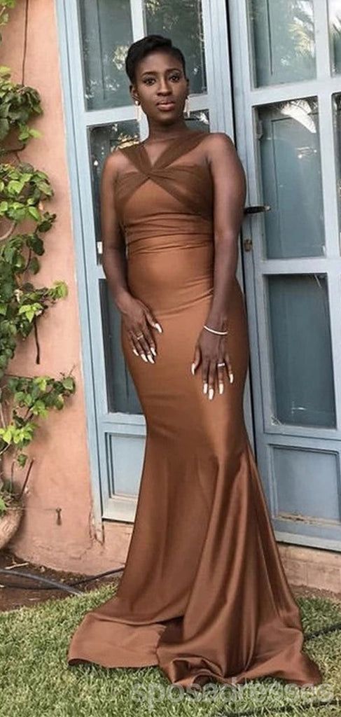Elegant Brown Halter Sleeveless Mermaid Long Evening Prom Dresses,MB118