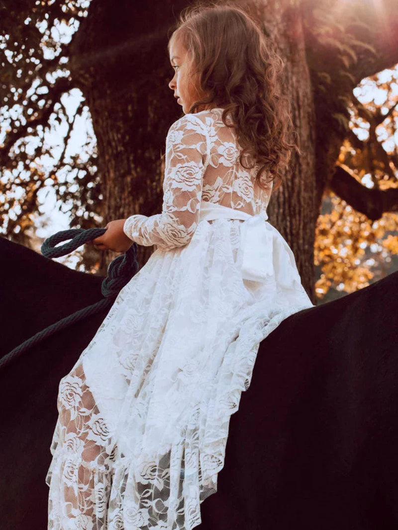 Cute White Tulle Lace  A- Line Long Sleeve Appliques Cheap Flower Girl Dresses ,FG17