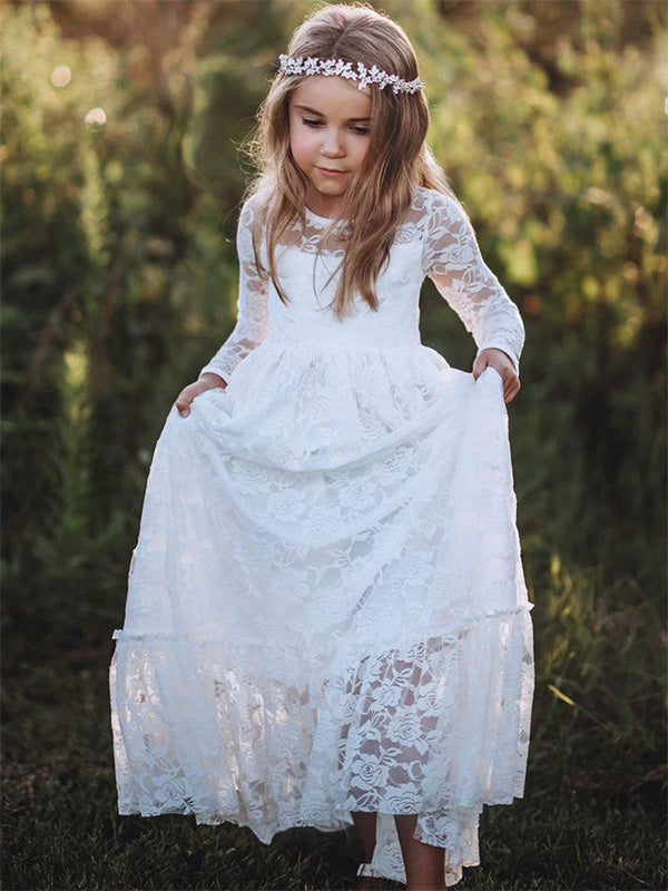 Cute White Tulle Lace  A- Line Long Sleeve Appliques Cheap Flower Girl Dresses ,FG17