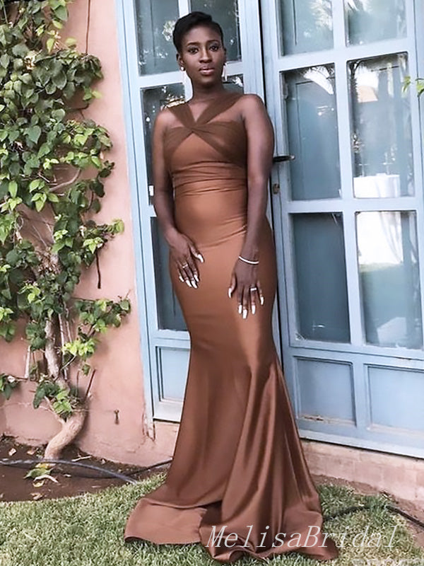 Elegant Brown Halter Sleeveless Mermaid Long Evening Prom Dresses,MB118