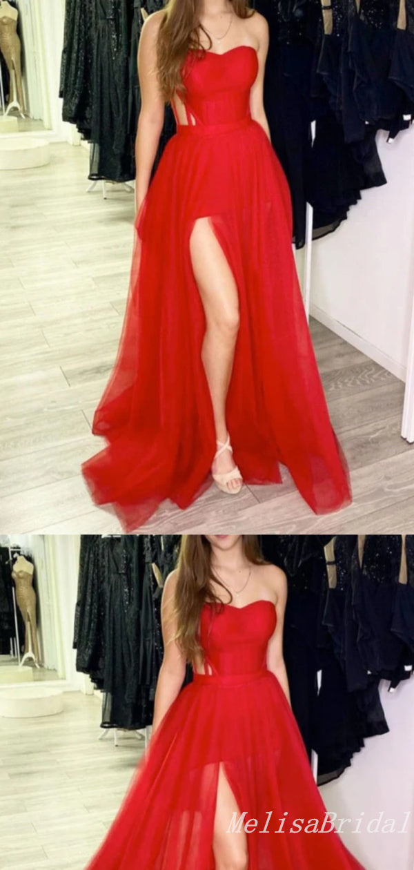 Charming A-line Red Sweetheart High Slit Evening Gown Long Prom Dresses,MB341