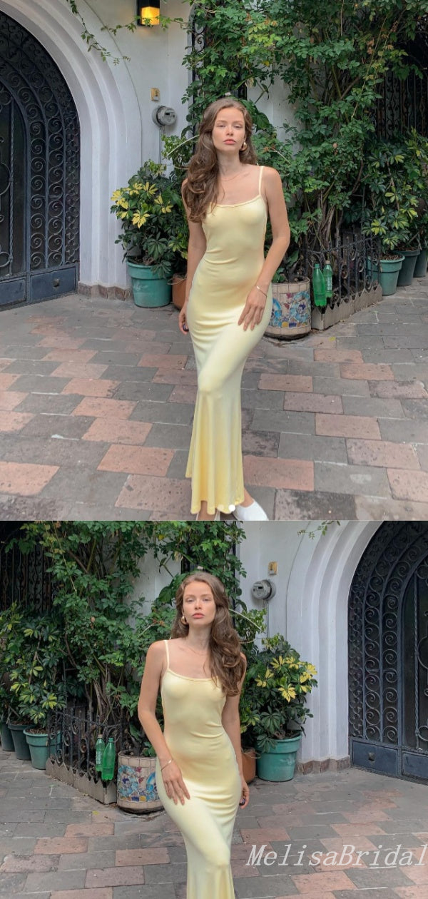 Elegant Light Yellow Spaghetti Straps Sheath Evening Gown Maxi Long Formal Dresses Prom Dresses,MB436
