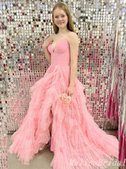 Cute V-Neck Spaghetti Straps Pink A-Line Evening Gown Maxi Long Formal Dresses Prom Dresses,MB510