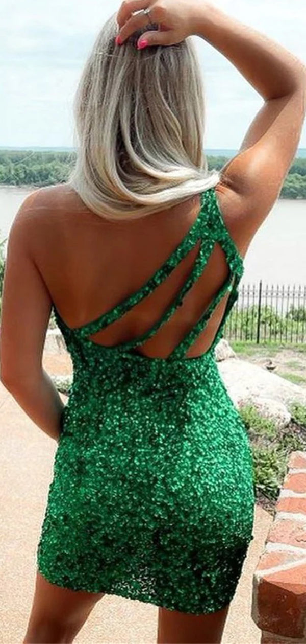 Elegant Green One Shoulder Sequin Cheap Simple Short Homecoming Dresses, HD85