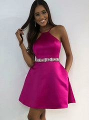 Elegant Pink Halter Satin Simple Beading Cheap Short Homecoming Dresses, HD186