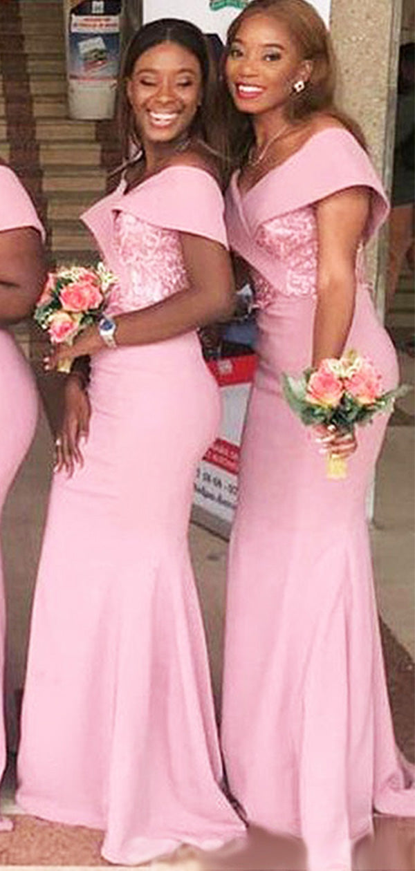 Elegant Pink Off Shoulder  Mermaid Long Cheap Bridesmaid Dresses ,BD59