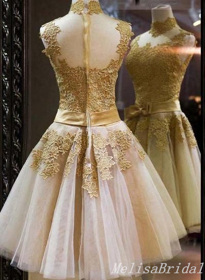Elegant Gold Lace Appliques A-Line High Neck Graduation Party Homecoming Dresses With Bow Knot, HD366