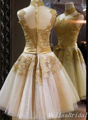 Elegant Gold Lace Appliques A-Line High Neck Graduation Party Homecoming Dresses With Bow Knot, HD366