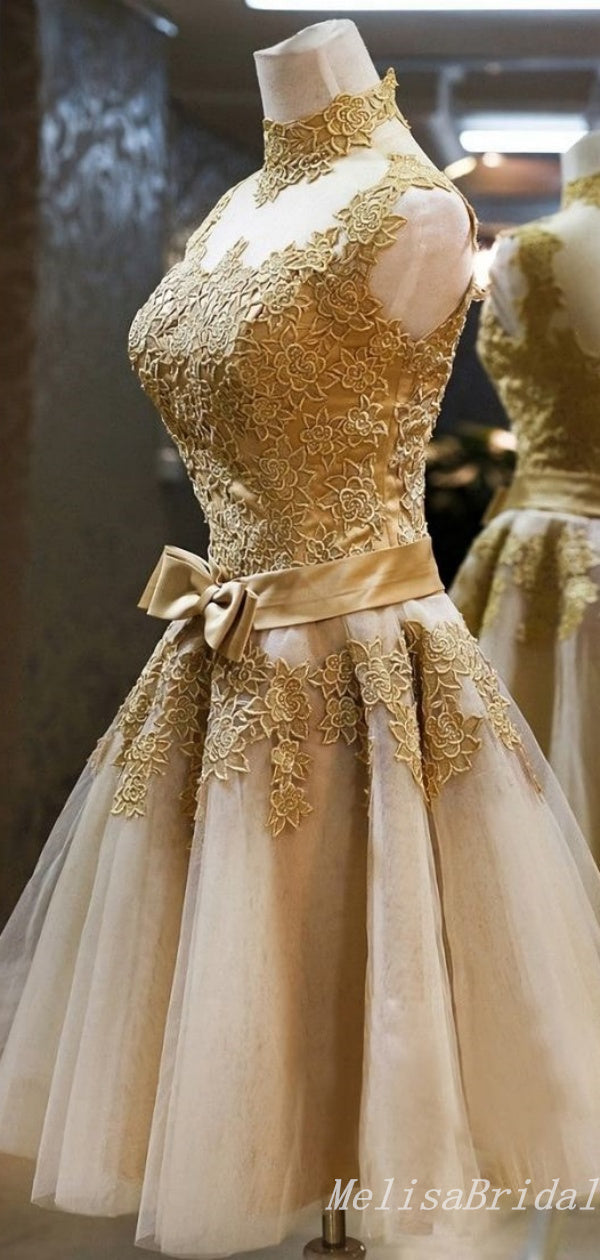 Elegant Gold Lace Appliques A-Line High Neck Graduation Party Homecoming Dresses With Bow Knot, HD366