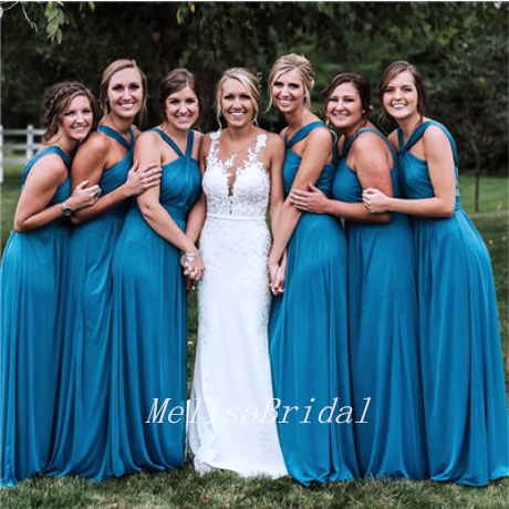 Charming Halter Blue Pleats Chiffon A-Line Long Cheap Bridesmaid Dresses ,BD33