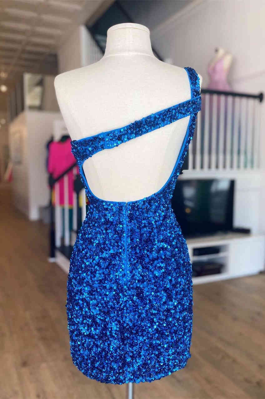 Elegant Dark Blue One Shoulder Sequin Sheath Simple Cheap Short Homecoming Dresses, HD143