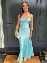 Elegant Light Blue Side Slit Pleats Mermaid Long Prom Dresses,MB21