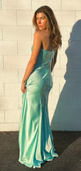 Elegant Light Blue Side Slit Pleats Mermaid Long Prom Dresses,MB21