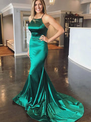 Elegant Green Spaghetti Straps Soft Satin Mermaid Cheap Simple Evening Prom Dresses,MB165