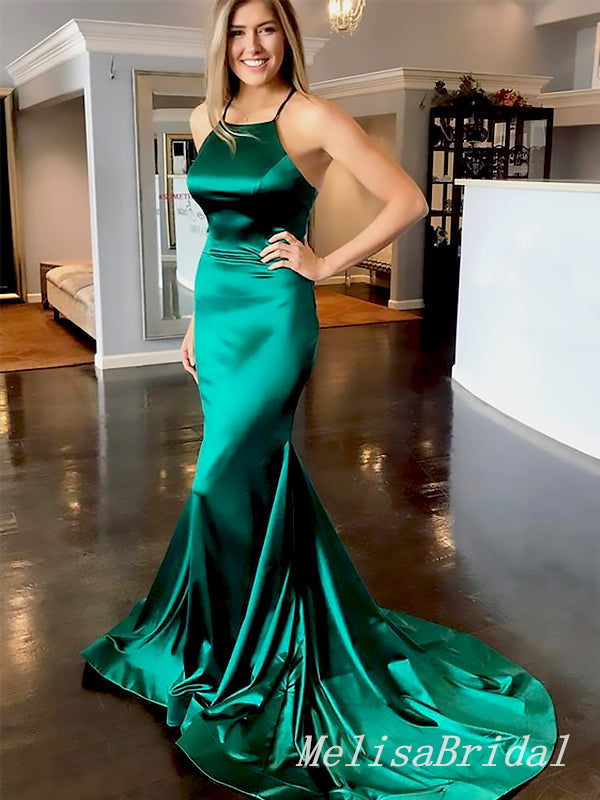 Elegant Green Spaghetti Straps Soft Satin Mermaid Cheap Simple Evening Prom Dresses,MB165