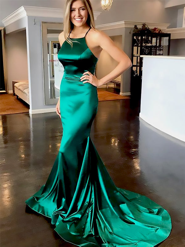 Elegant Green Spaghetti Straps Soft Satin Mermaid Cheap Simple Evening Prom Dresses,MB165