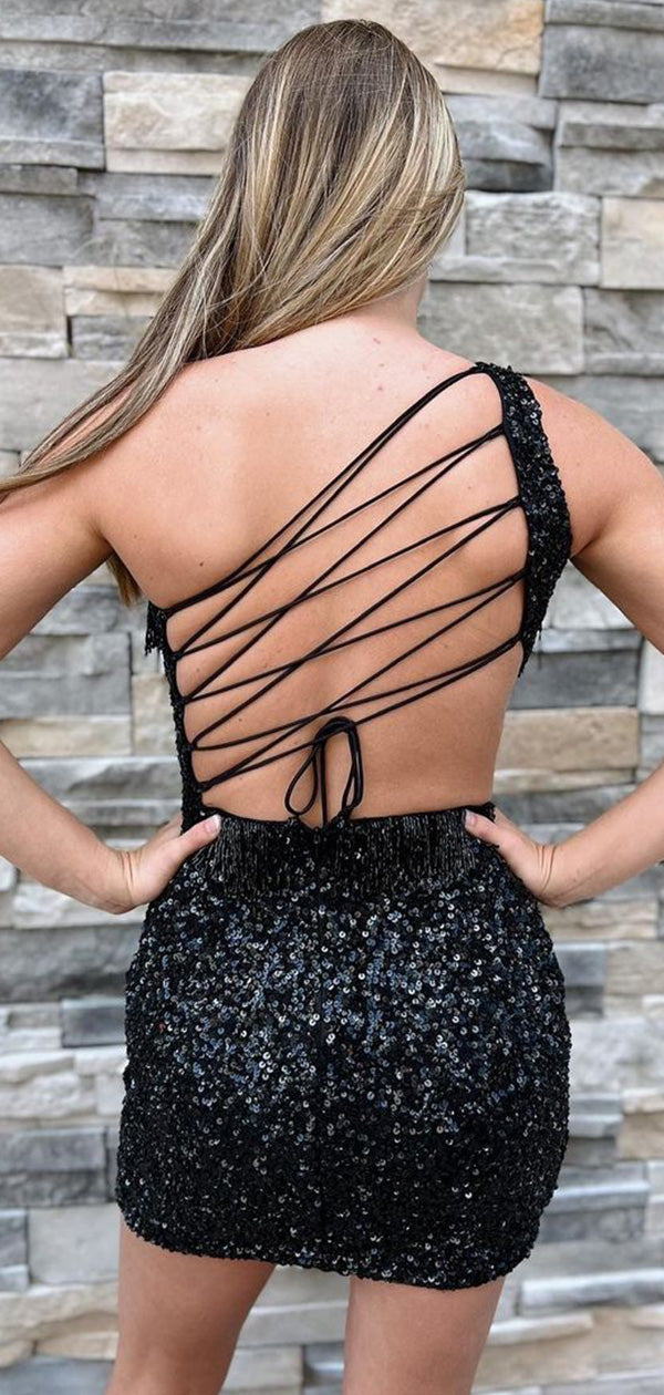 Elegant One Shoulder Sequin Simple Cheap Short Homecoming Dresses, HD156