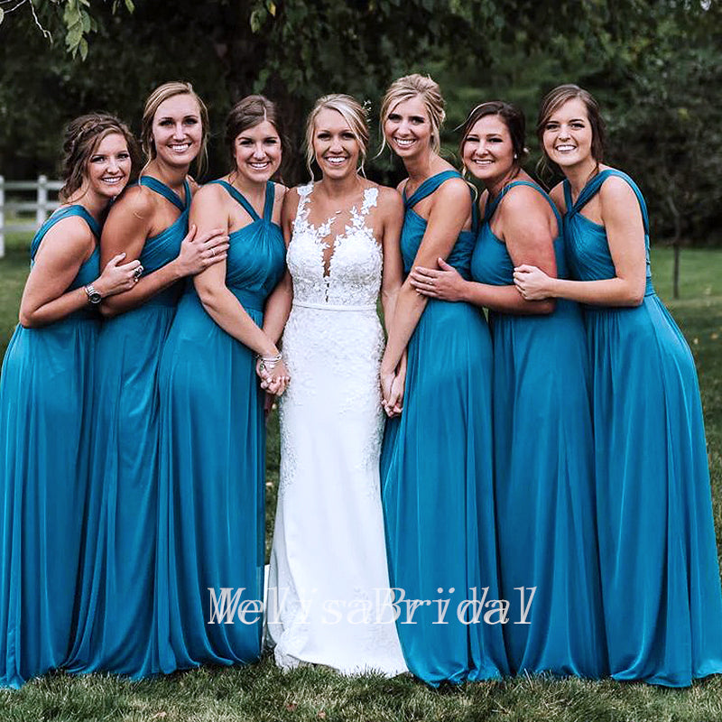 Charming Halter Blue Pleats Chiffon A-Line Long Cheap Bridesmaid Dresses ,BD33